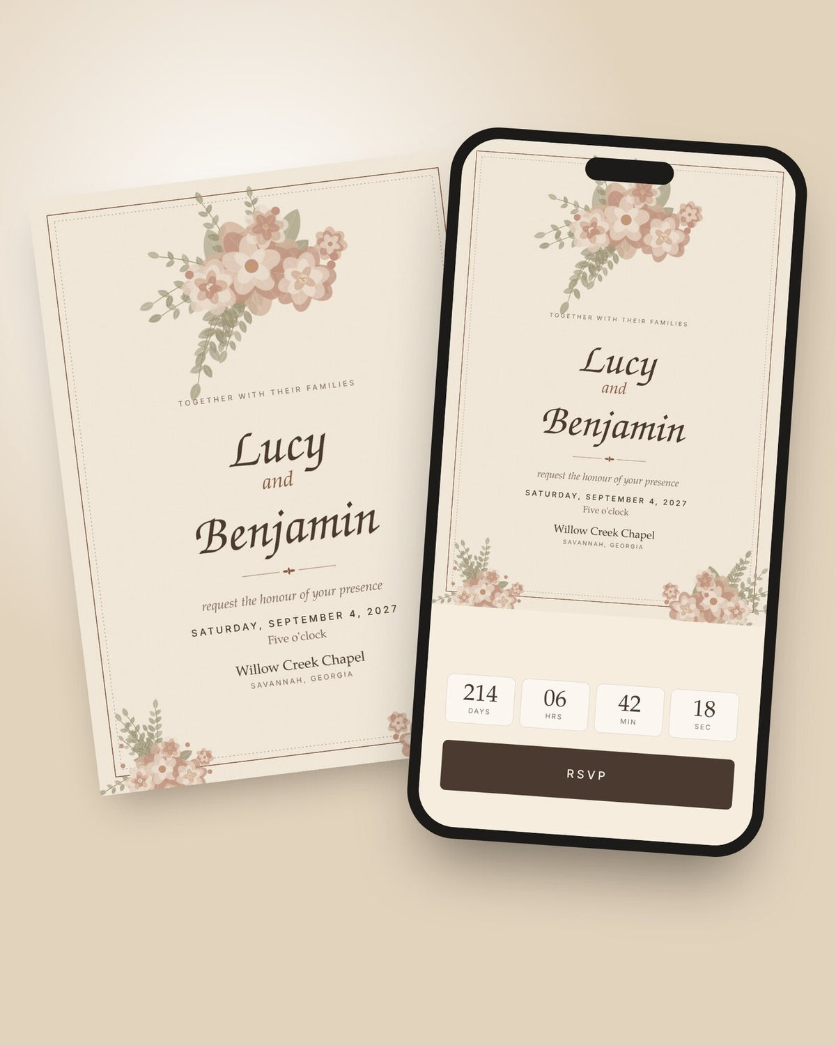 Heirloom vintage wedding invitation shown on a phone with countdown and RSVP button