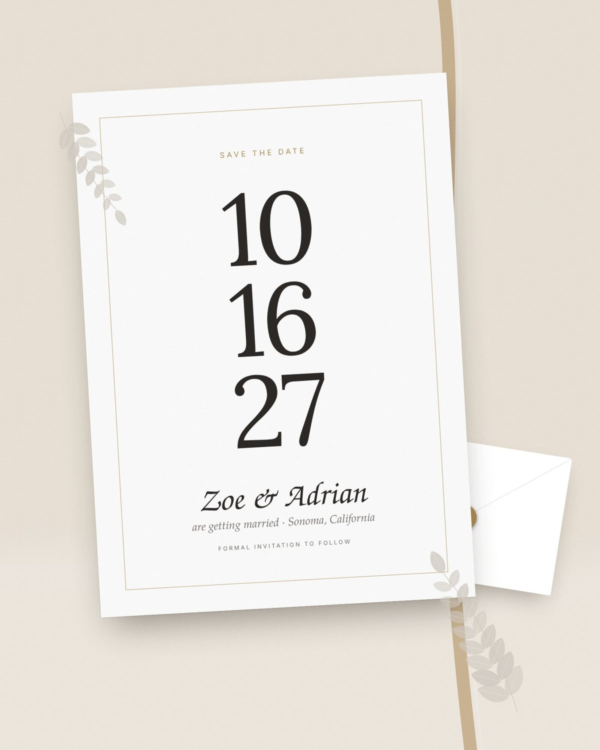 Hold the Date modern save the date with oversized date numerals, styled flat-lay