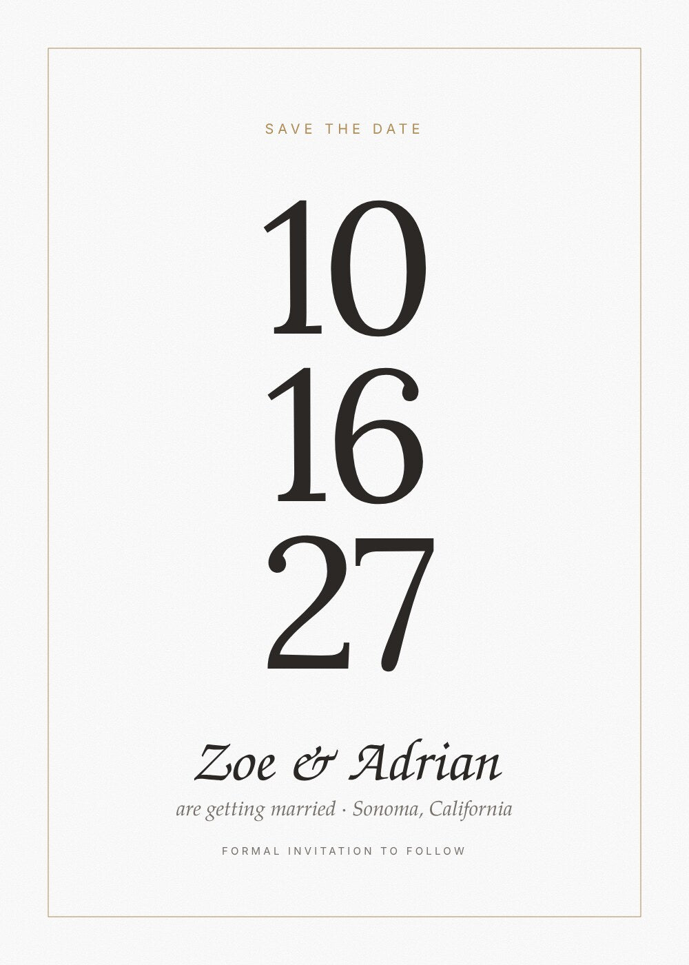 Hold the Date save the date card with stacked date numerals and script names