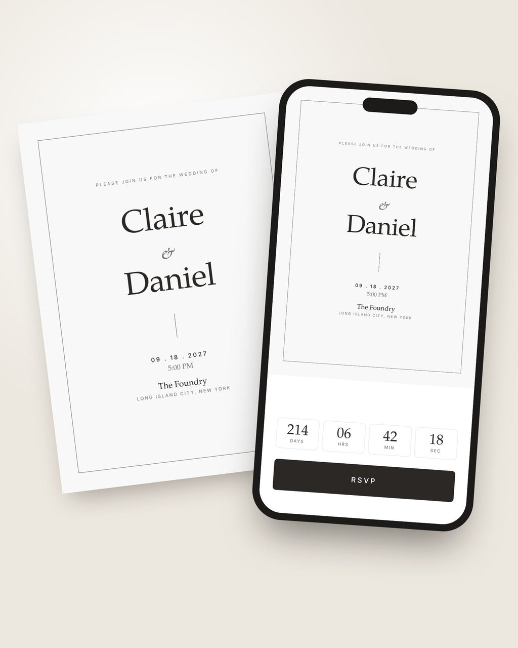 Ivory Line minimalist wedding invitation shown on a phone with countdown and RSVP button