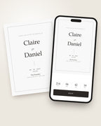 Ivory Line minimalist wedding invitation shown on a phone with countdown and RSVP button