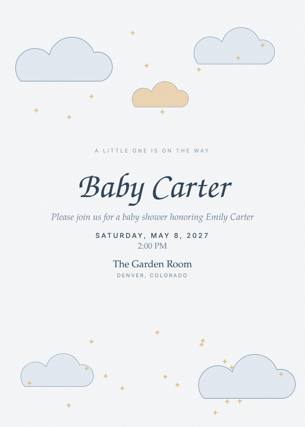 Little Cloud baby shower invitation card with powder-blue clouds and gold stars