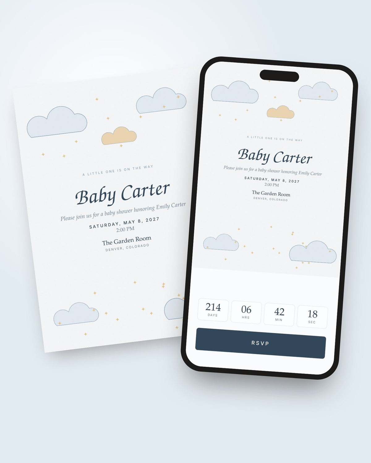 Little Cloud baby shower invitation shown on a phone with countdown and RSVP button