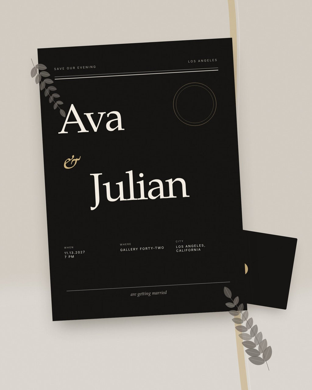 Noir Modern black and white wedding invitation, styled flat-lay with black envelope