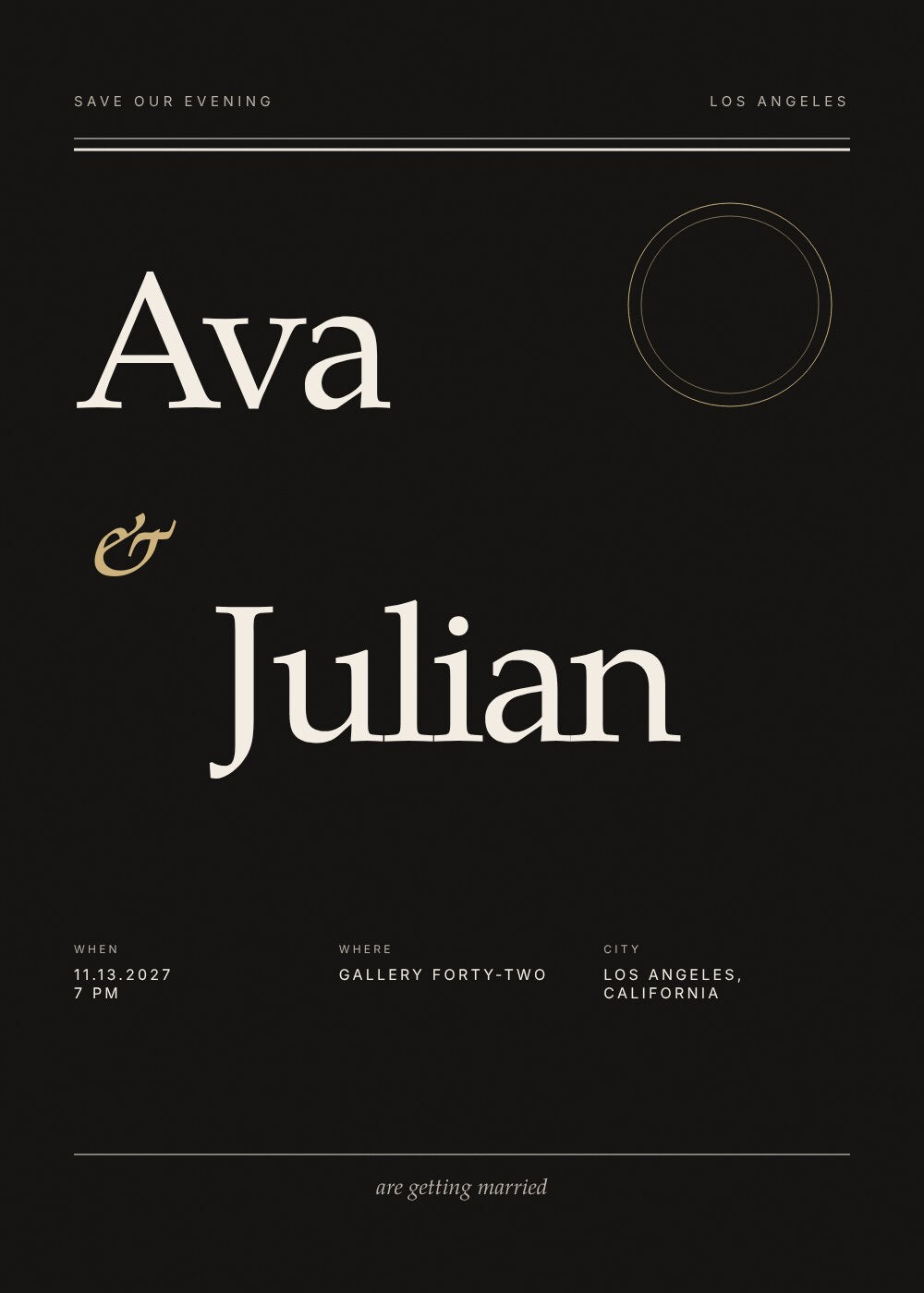 Noir Modern wedding invitation card with oversized ivory serif names on black