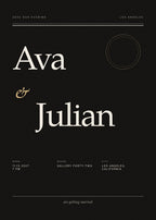 Noir Modern wedding invitation card with oversized ivory serif names on black