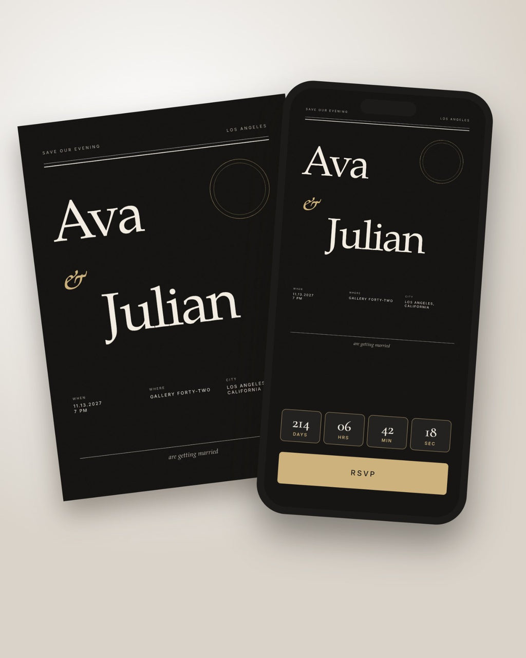 Noir Modern digital wedding invitation on a phone with gold countdown and RSVP button