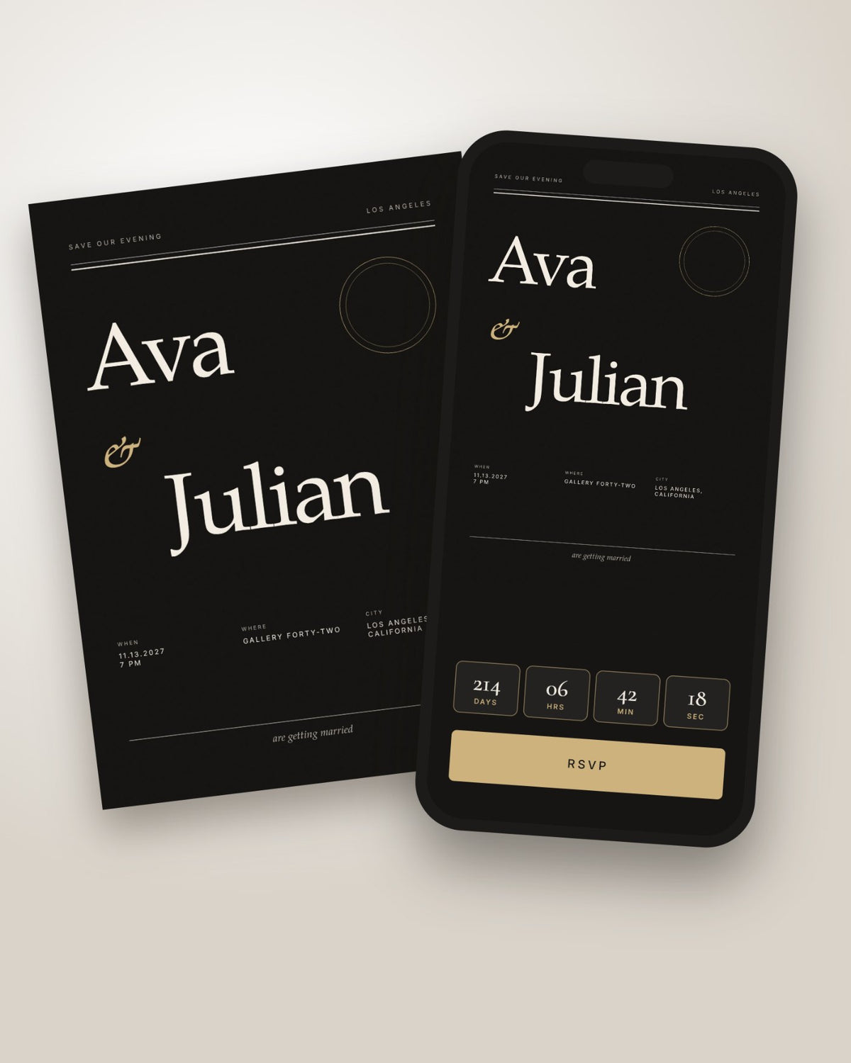 Noir Modern digital wedding invitation on a phone with gold countdown and RSVP button