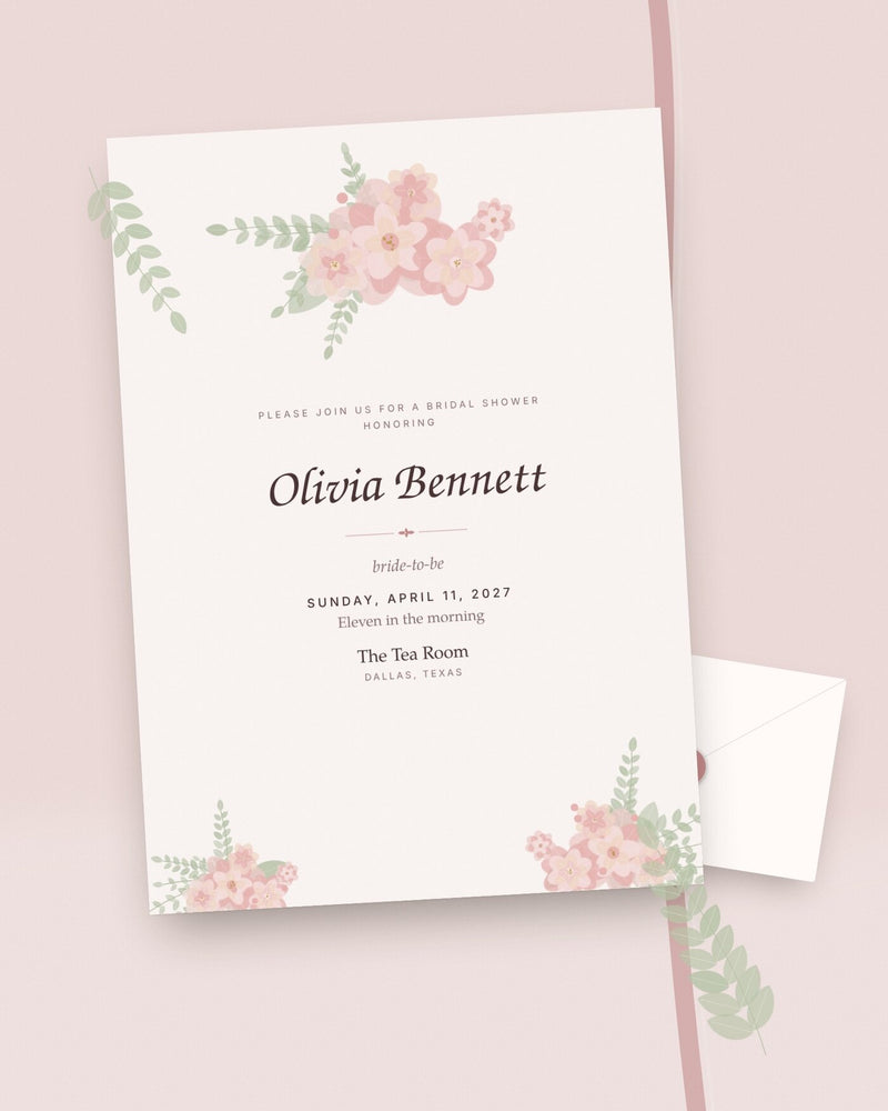 Petal bridal shower invitation styled flat-lay with blush garden florals