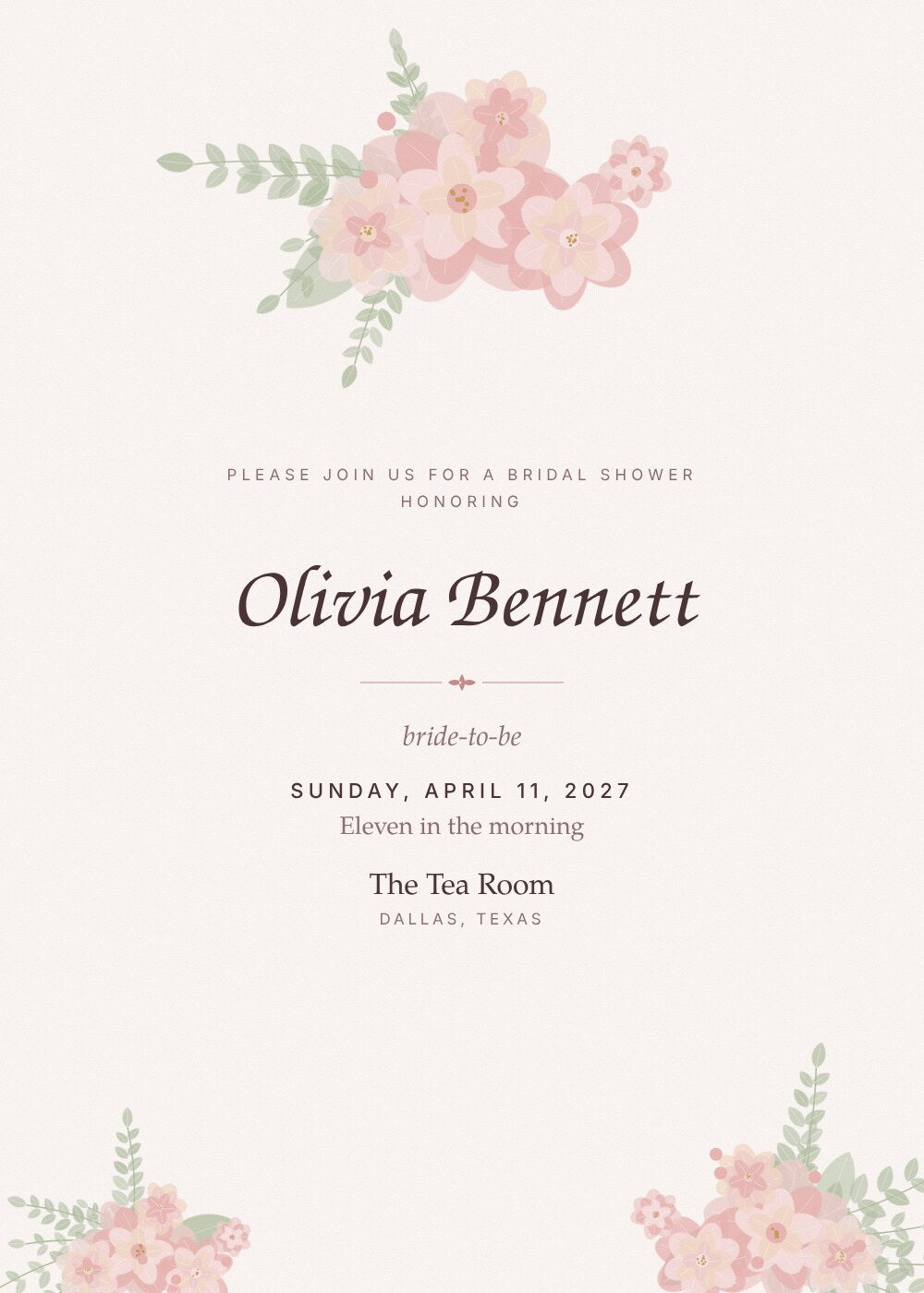 Petal bridal shower invitation card honoring Olivia Bennett with blush watercolor flowers