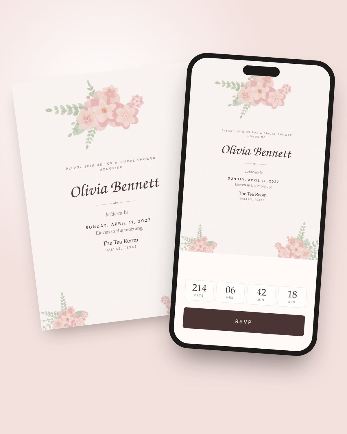 Petal bridal shower digital invitation shown on a phone with RSVP button