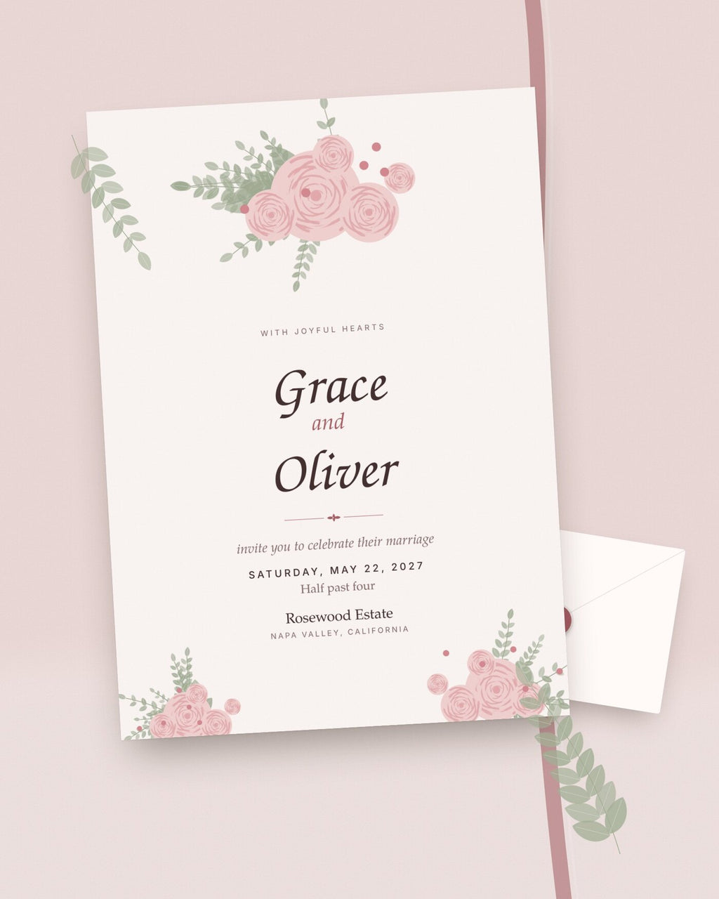 Rosé romantic wedding invitation styled flat-lay with dusty pink roses