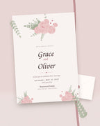 Rosé romantic wedding invitation styled flat-lay with dusty pink roses