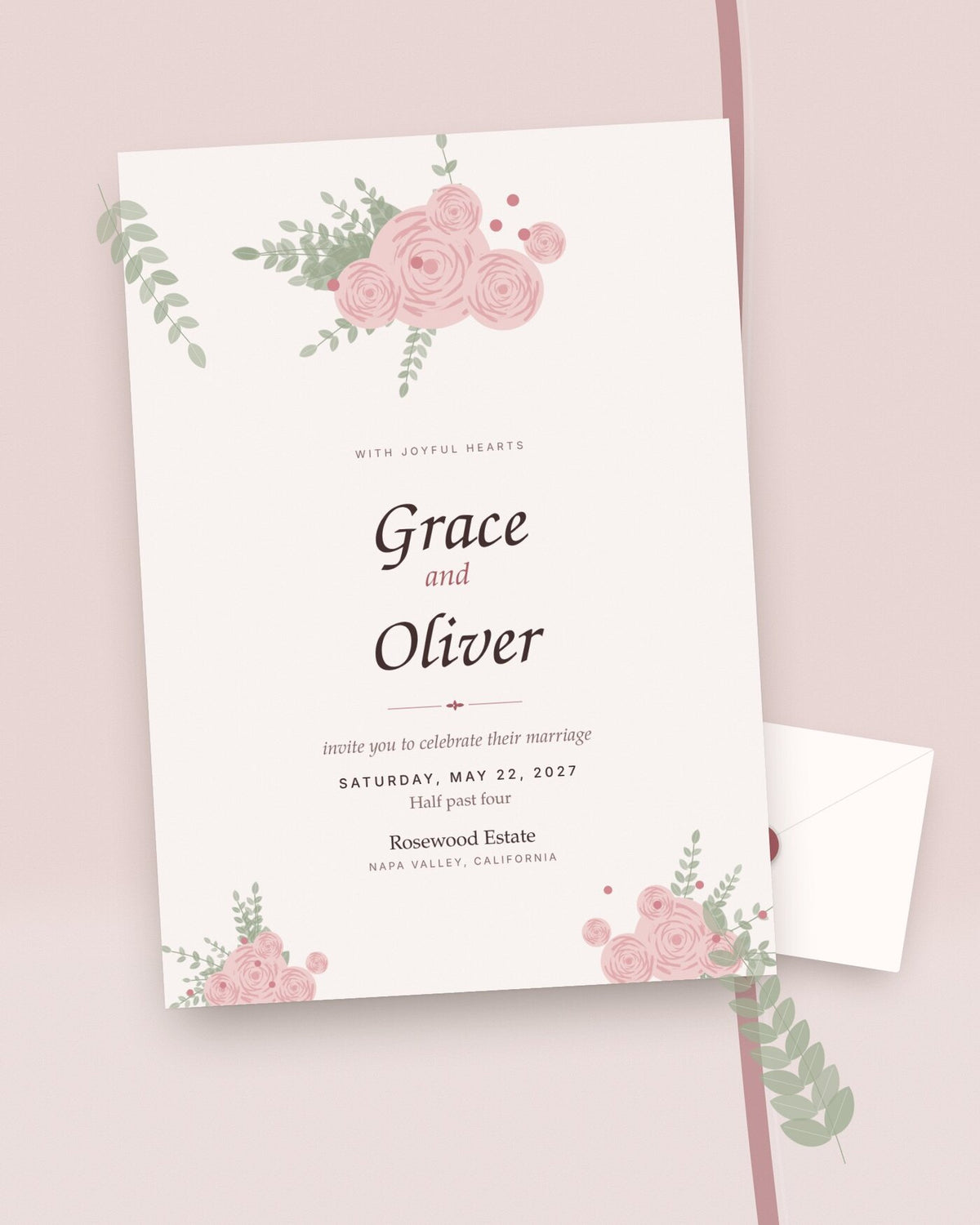 Rosé romantic wedding invitation styled flat-lay with dusty pink roses