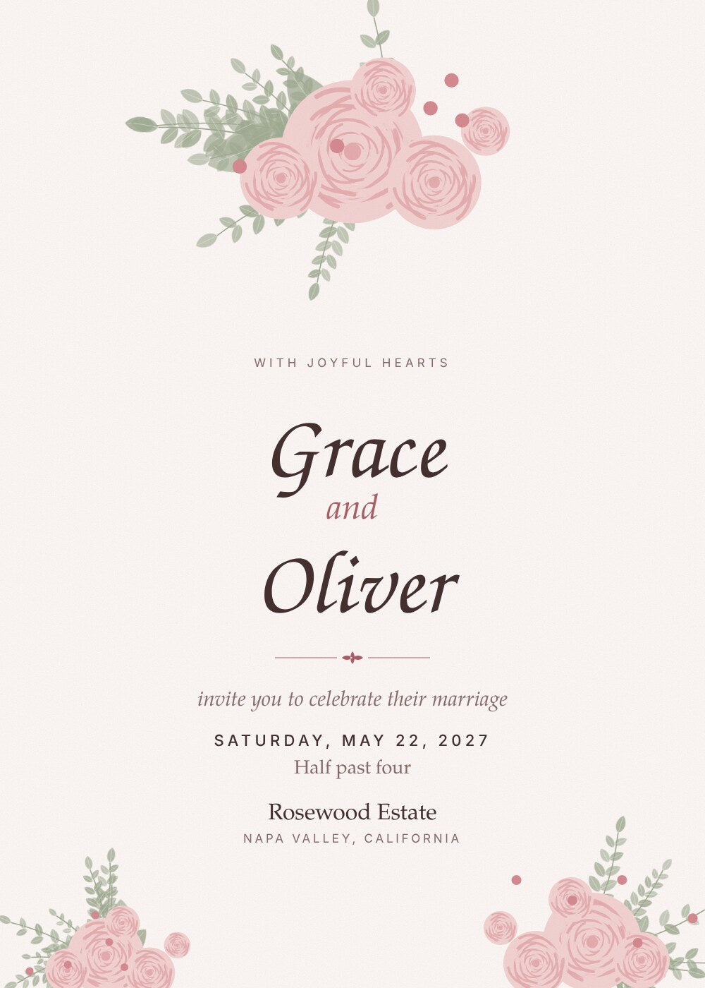 Rosé romantic wedding invitation card for Grace and Oliver with painted roses