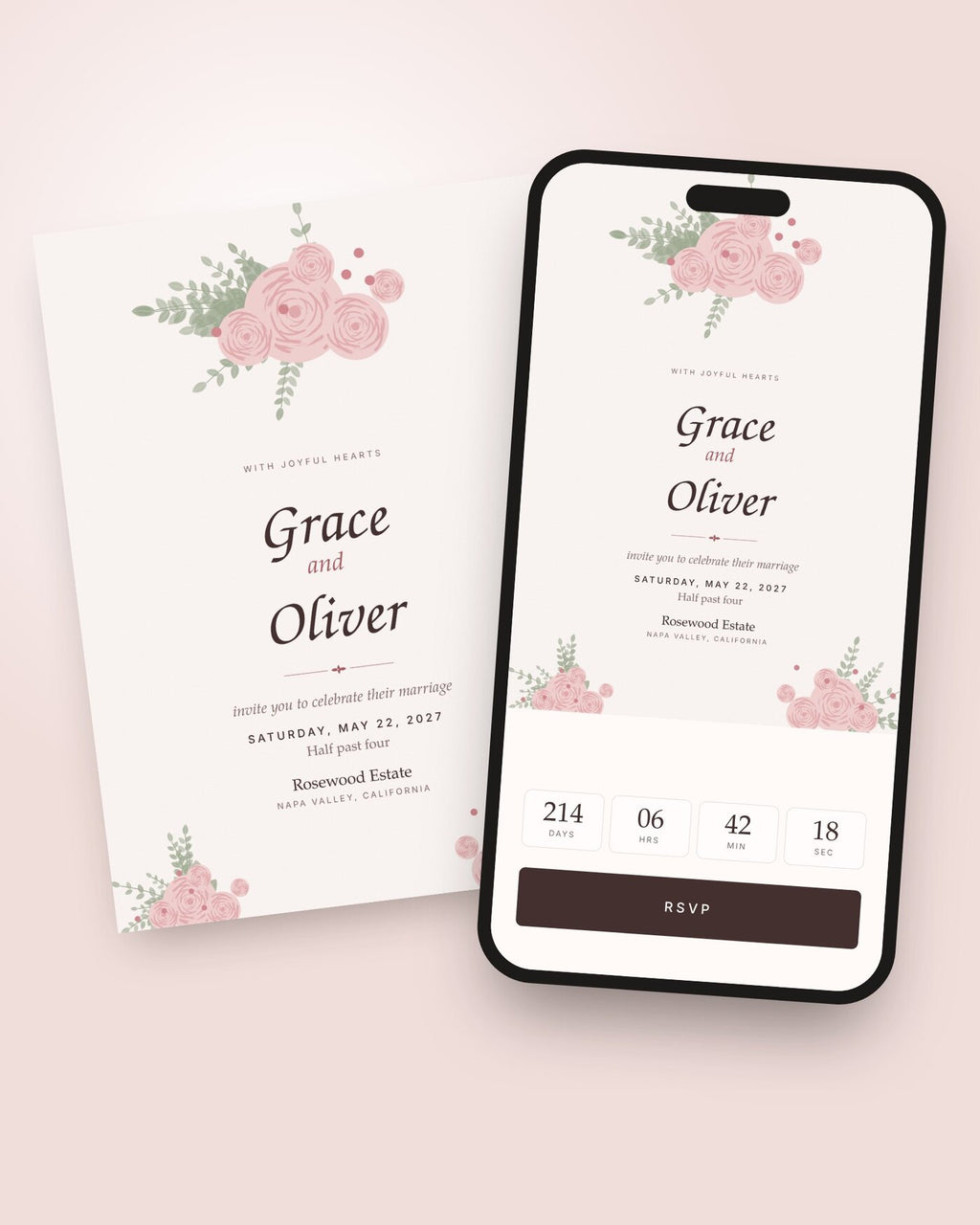 Rosé romantic digital wedding invitation shown on a phone with countdown and RSVP