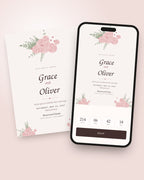 Rosé romantic digital wedding invitation shown on a phone with countdown and RSVP