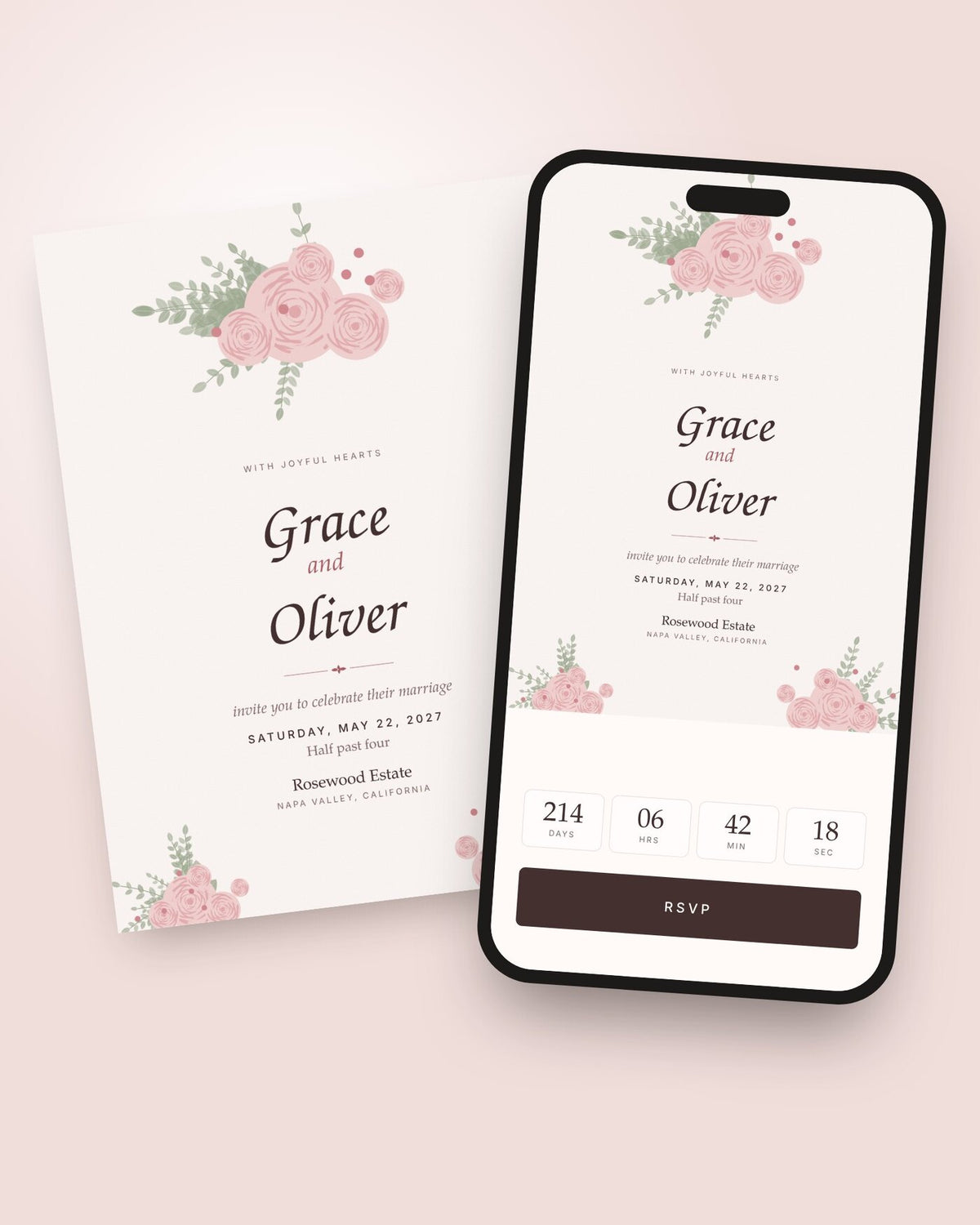 Rosé romantic digital wedding invitation shown on a phone with countdown and RSVP