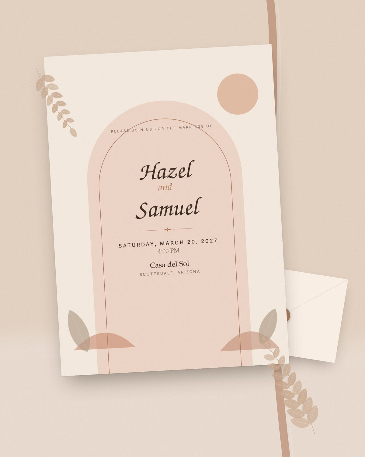 Terracotta Arch modern wedding invitation styled flat-lay in warm desert tones