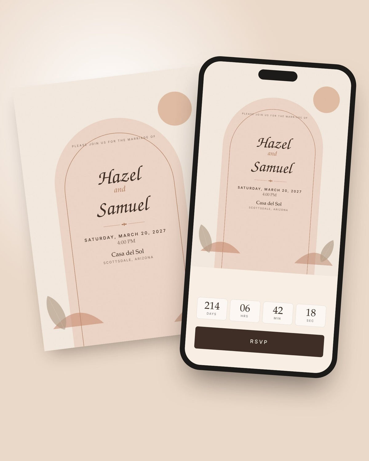 Terracotta Arch digital wedding invitation shown on a phone with countdown and RSVP