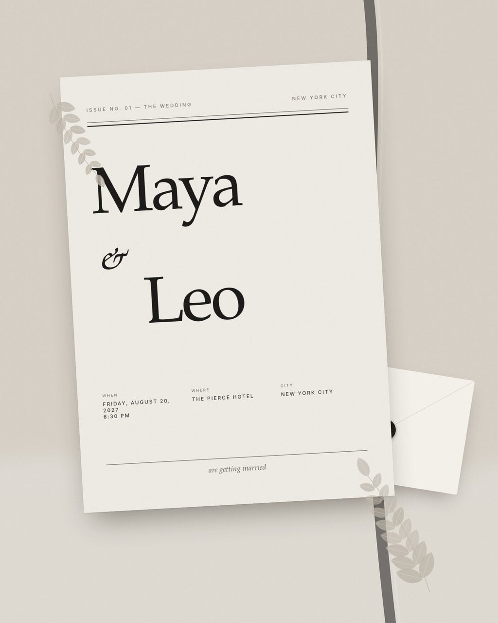 The Editorial luxury wedding invitation styled flat-lay with magazine-style typography
