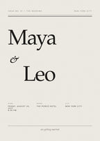 The Editorial wedding invitation card for Maya and Leo in bold black serif type