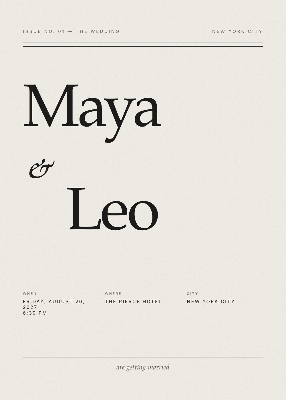 The Editorial wedding invitation card for Maya and Leo in bold black serif type