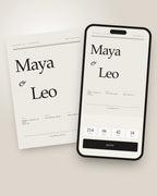 The Editorial digital wedding invitation shown on a phone with countdown and RSVP