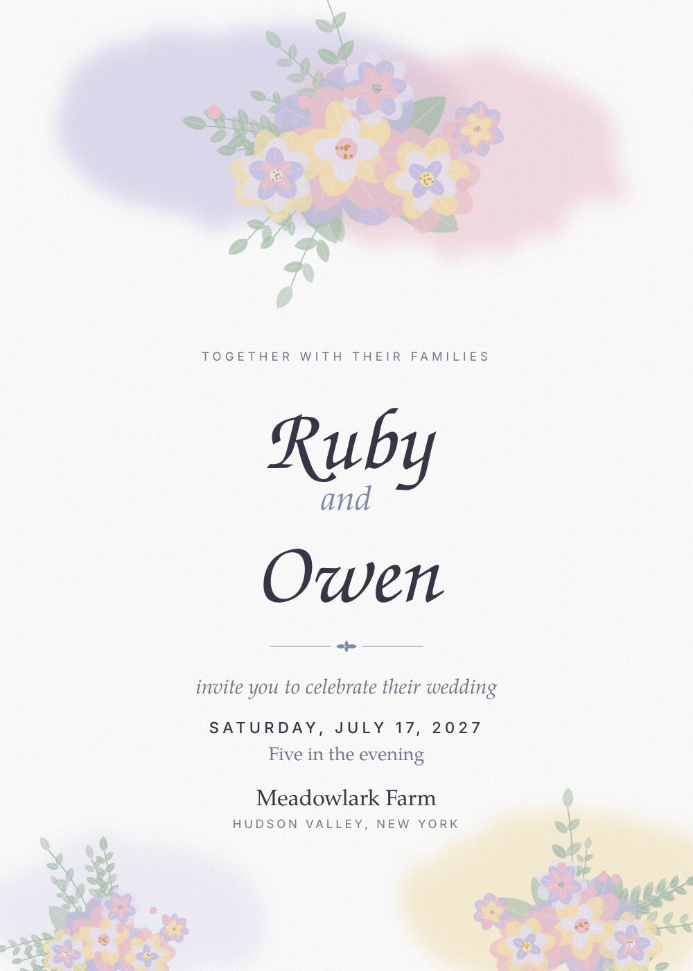Wildflower Wash wedding invitation card for Ruby and Owen with watercolor wildflowers