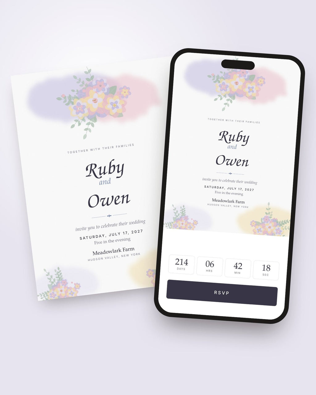 Wildflower Wash digital wedding invitation shown on a phone with countdown and RSVP