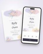 Wildflower Wash digital wedding invitation shown on a phone with countdown and RSVP